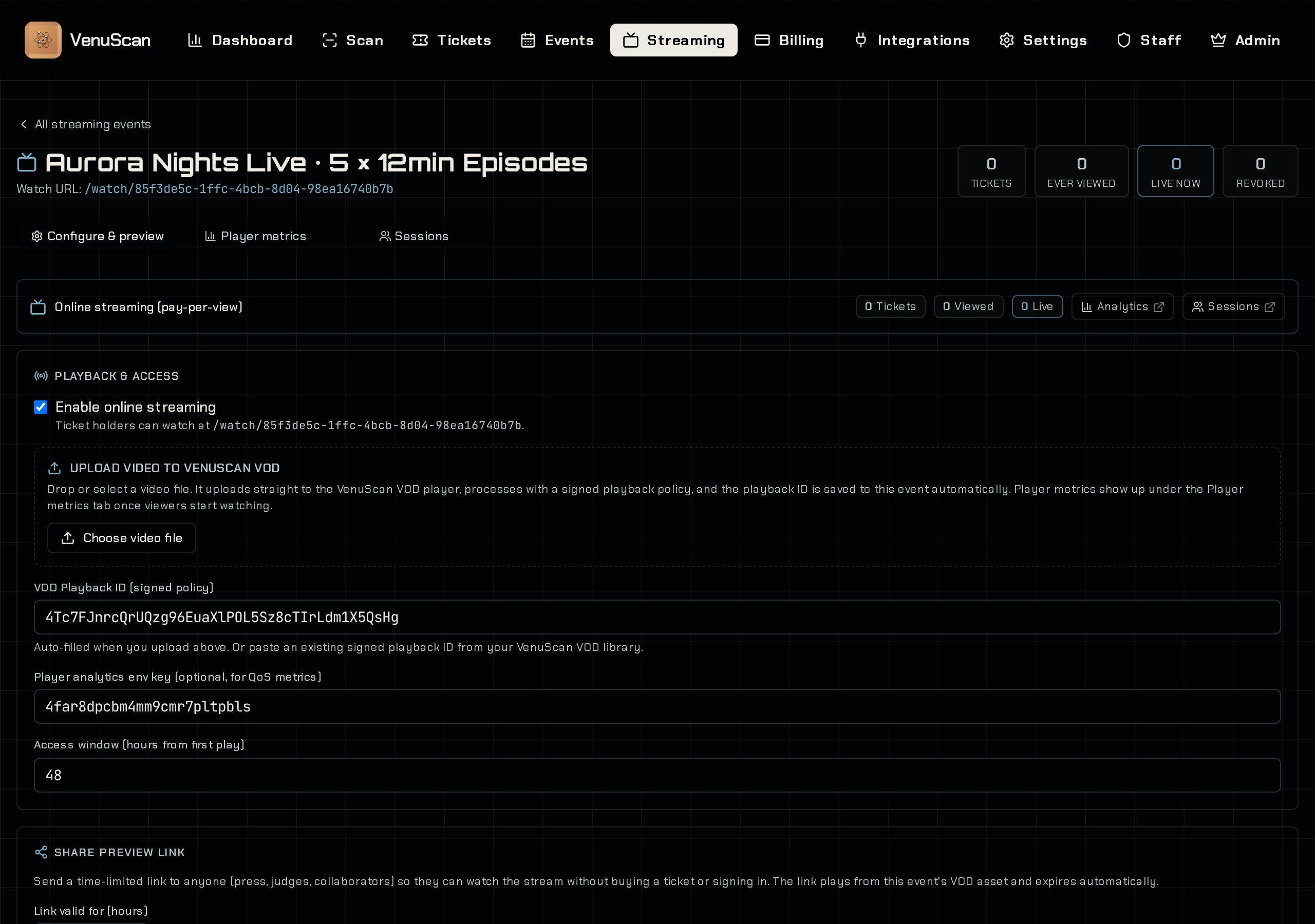 VenuScan streaming event configuration and player controls