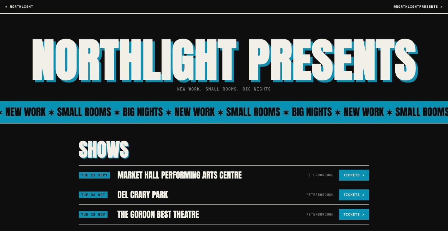 A VenuScan artist page for the fictional Northlight Presents: a big wordmark, a scrolling marquee, and a Shows list with a Tickets button on every row.