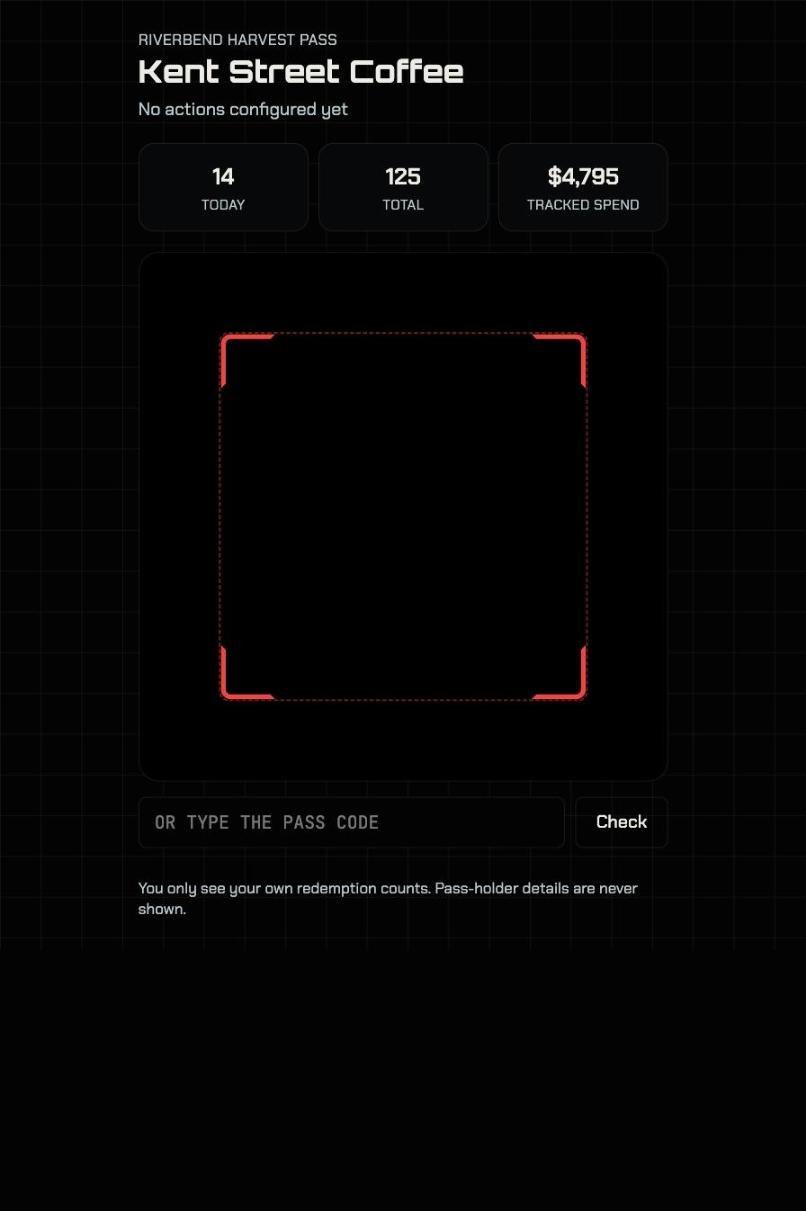 A participating business's scanner on a phone: today's redemptions, the running total and tracked spend, a camera lane for the pass QR, and a box to type the code.
